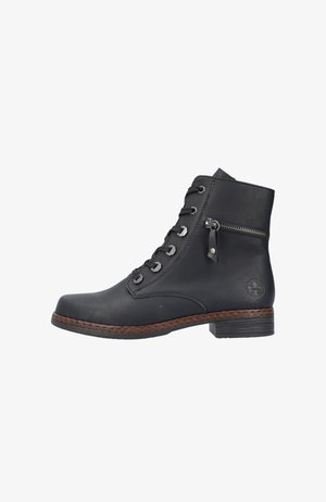 Schwarze Leder-Ankle-Boots mit runder Spitze, Schnürung vorne, seitlichem Reißverschluss und einer strukturierten Sohle mit brauner Nahtdetails.