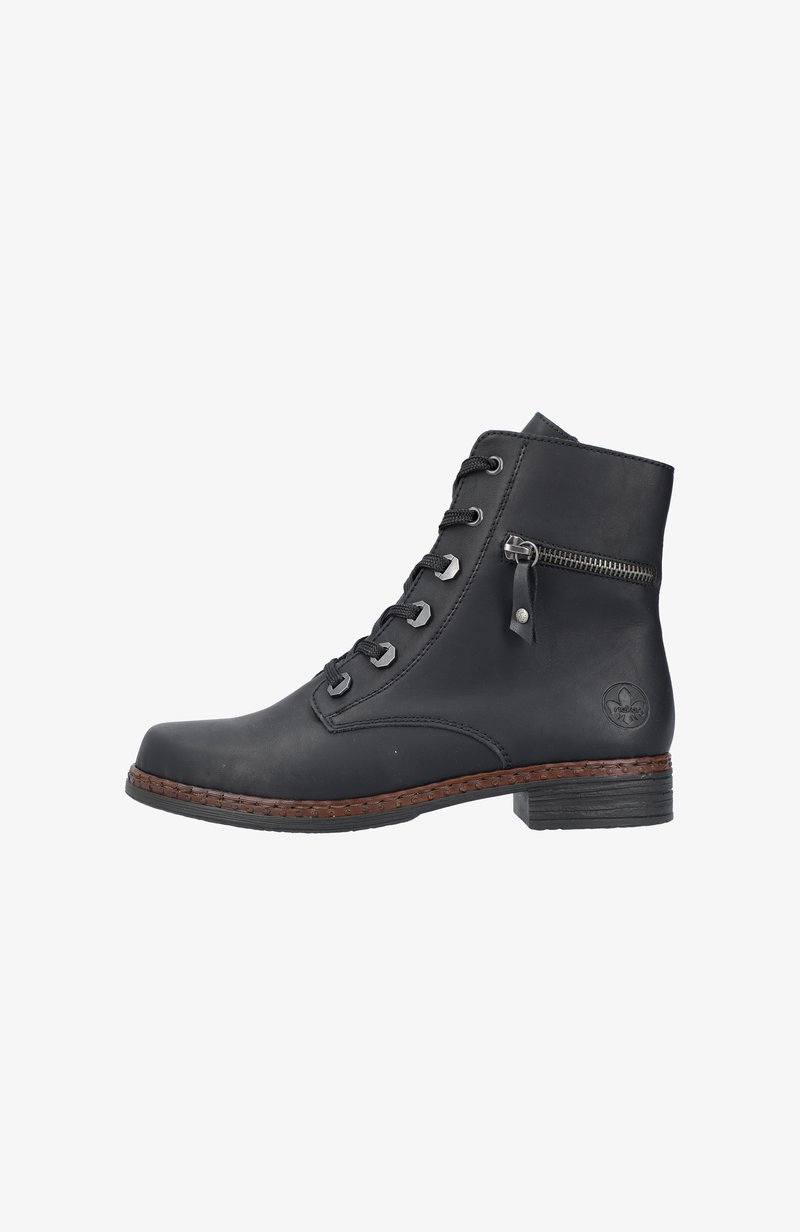 Black leather ankle boots with a rounded toe, lace-up front, side zipper, and a textured sole with brown stitching detail.