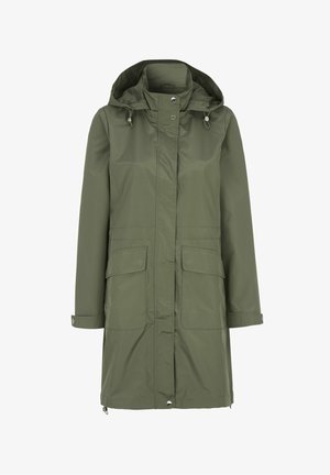 Olivgrüne wasserdichte Jacke mit Kapuze, Frontreißverschluss, zwei großen aufgesetzten Taschen und verstellbaren Bündchen für eine optimale Passform. Glatte Textur.