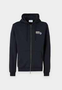 Navy Zip-Hoodie aus Baumwollmischung mit Fronttasche, Kordelzugkapuze, Logo auf der Brust und gerippten Bündchen.
