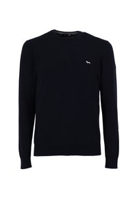 Maglione blu navy realizzato in morbido tessuto a maglia, con colletto rotondo, maniche lunghe, caratterizzato da un piccolo logo di cane bianco sul lato sinistro del petto.