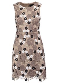 Robe sans manches en dentelle beige avec broderie florale. Présente des fleurs noires et blanches, un tissu texturé et un ourlet festonné.