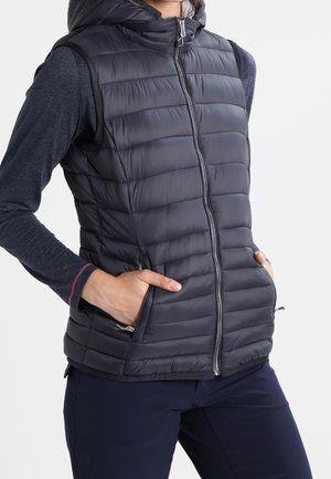 Dunkelgraue Pufferweste mit Kapuze, ausgestattet mit einem Reißverschluss vorne, horizontal gestepptem Design, elastischen Abschlüssen und zwei Seitentaschen.