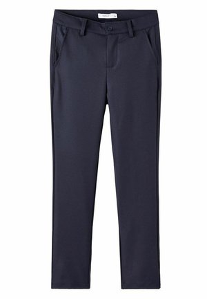 Pantalon bleu marine ajusté avec fermeture à boutons et zip à l'avant, passants pour ceinture et poches latérales.