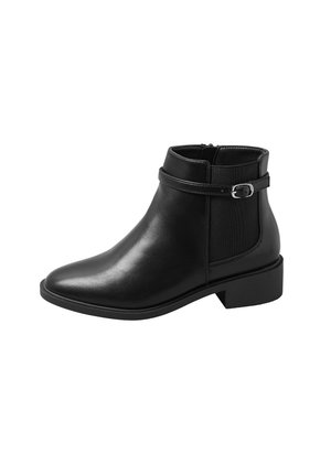 Schwarze Leder-Ankle-Boots mit runder Spitze, Reißverschluss und einem dekorativen Riemen mit einer silbernen Schnalle. Dicke Blockabsatz.