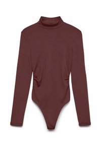Burgunderfarget langermet body med høy hals, med rynking på sidene og tanga-lignende bunn, laget av et elastisk stoff.