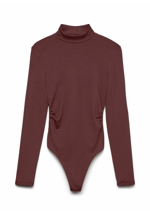 Tumši sarkans bodijs ar garām piedurknēm un augstu apkakli, ar rievotu dizainu sānos un stringa tipa apakšu, izgatavots no elastīga auduma.