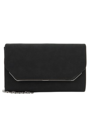 Black rectangular clutch purse with silver-tone metal trim and chain detail on a white background.