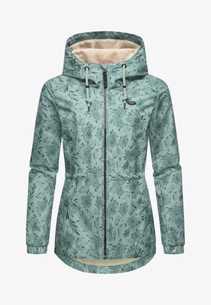 Hell türkisfarbene Kapuzenjacke mit dunklem Blumenmuster, Frontreißverschluss, Kordelzug an der Kapuze, elastischen Bündchen und weichem beigem Innenfutter.
