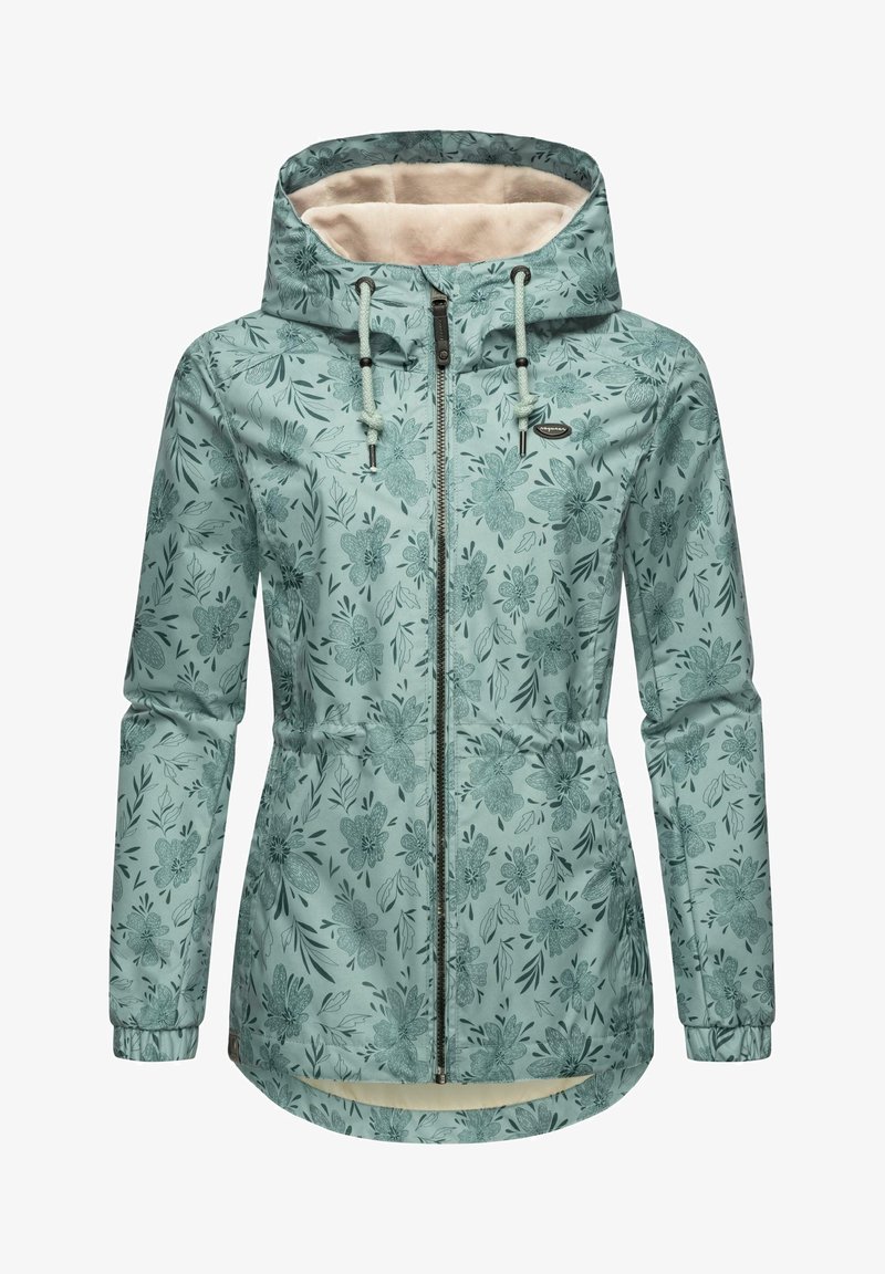 Veste à capuche bleu sarcelle clair avec motif floral foncé, fermeture éclair devant, capuche avec cordon, poignets élastiques et doublure intérieure beige douce.