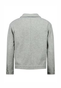 Grijze wollen jas met een omslagkraag, lange mouwen en een rechte pasvorm. Heeft een gladde textuur en een minimalistisch design zonder zichtbare hardware.