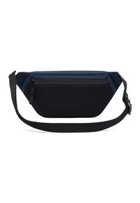 Riñonera negra con un diseño elegante, que presenta una sección superior suave y una sección inferior de malla texturizada. Incluye una correa ajustable.