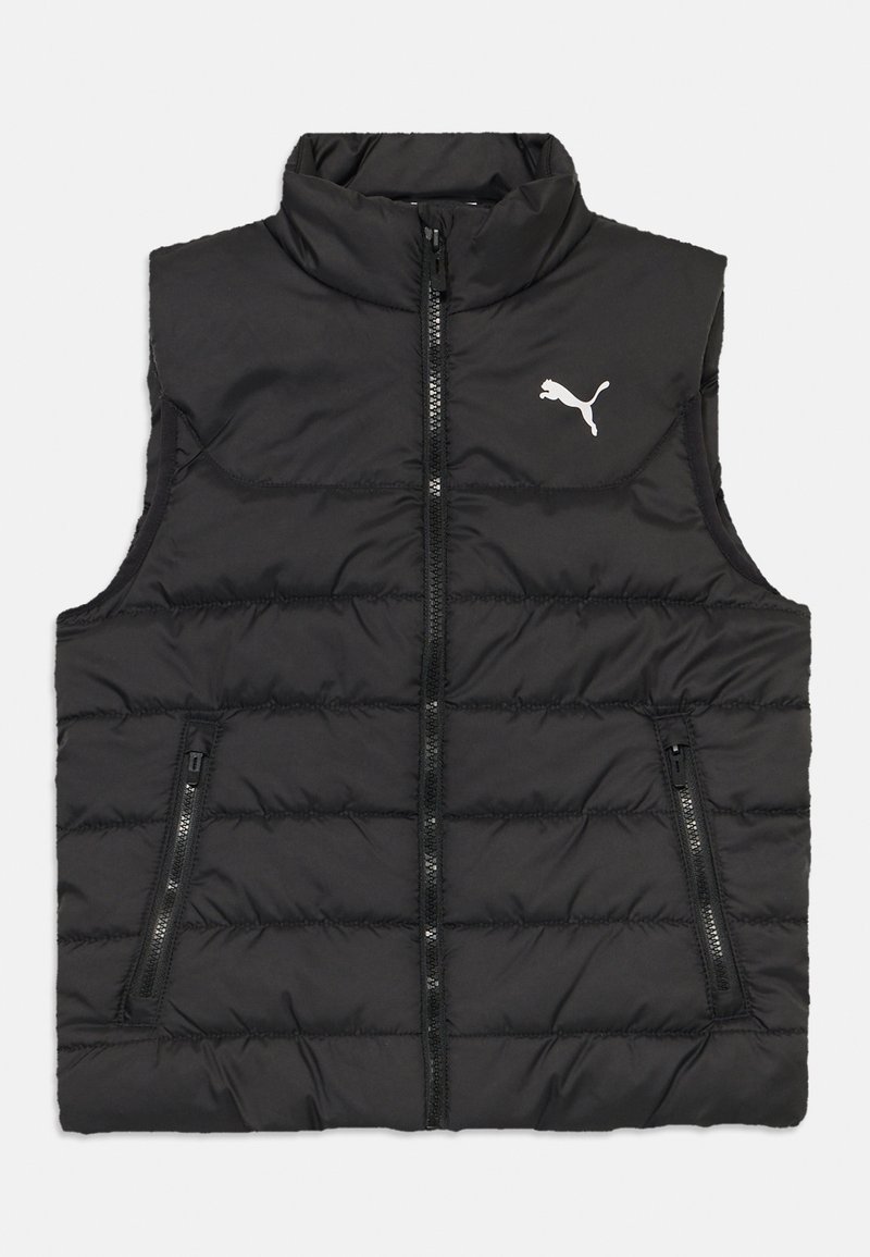 Giubbotto imbottito nero con collo alto, zip frontale e due tasche laterali con zip. Presenta una texture trapuntata e un piccolo logo bianco Puma sul petto.