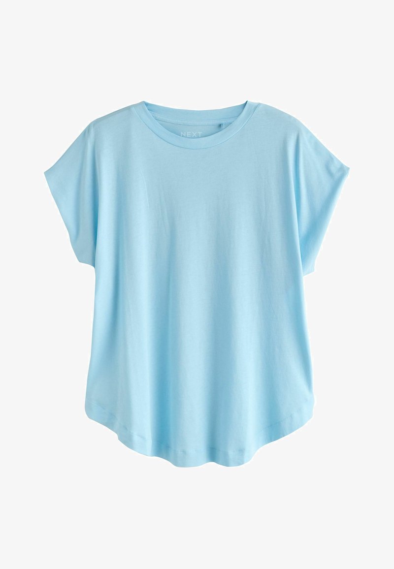 T-shirt bleu clair à manches courtes avec encolure ronde et coupe ample, présenté à plat sur un fond blanc.