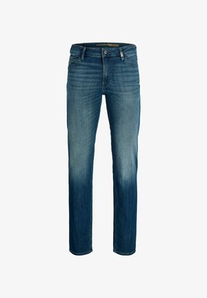 Menns middelsblå jeans med rette ben, foran knapp og glidelås, lommer foran og bak, samt lett falmet detaljer.