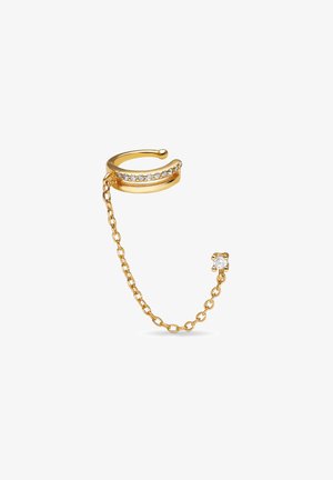 Gold ear cuff with a row of small clear stones, connected by a gold chain to a single clear stone stud.