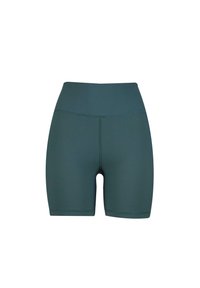 Geribbelde groene shorts met een hoge tailleband en een aansluitend ontwerp. Soepele textuur zonder zichtbare patronen of hardwaredetails.