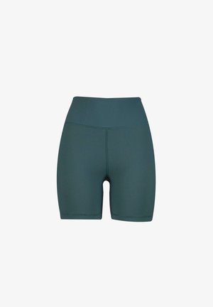 Ribēti zaļie šorti ar augstu jostu un pieguļošu dizainu. Gluda tekstūra bez redzamām rakstu vai dzelžiem.