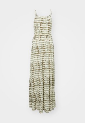 Maxikjole med justerbare spaghettistropper, laget av lett stoff, med et tie-dye mønster i grønne og brune nyanser, samt en smocket bodice.
