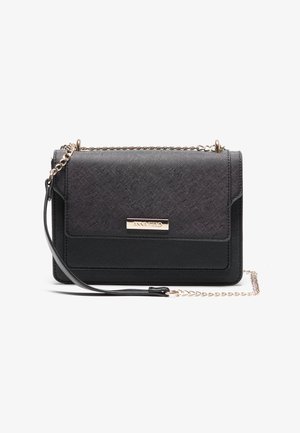 Black synthetic handbag with a textured finish, chain strap, and gold-tone hardware. Features a logo plate on the front and a flap closure.