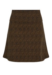 Brun mönstrad kjol med en vågdesign i svart. Har en utsvängd form, slät textur och inga synliga detaljer eller accenter.