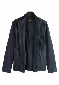 Jachetă ușoară de marină, țesătură texturată, închidere cu fermoar, două buzunare frontale, guler deschis și sleeve lungi. Design simplu, fără modele.