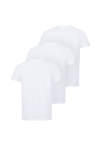 Tres camisetas blancas de manga corta, de algodón, mostradas en vista trasera. Textura suave, diseño de cuello redondo, sin gráficos ni logotipos visibles.