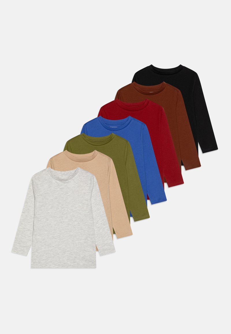 Langärmlige T-Shirts in einer Vielzahl von Farben: Grau, Beige, Oliv, Blau, Rot, Braun und Schwarz. Glatte Textur, runder Halsausschnitt und schlichtes Design.