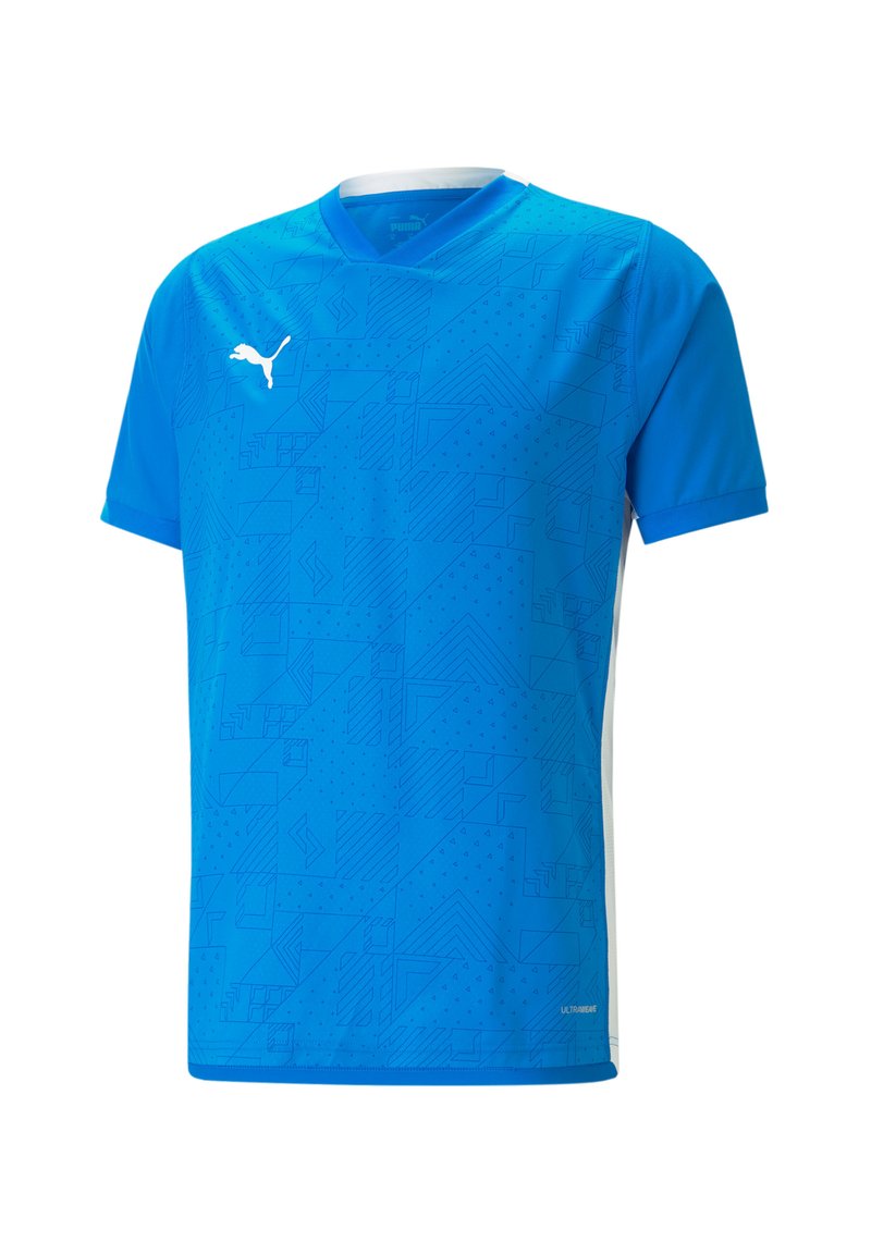 Blaues Sport-T-Shirt mit V-Ausschnitt, das dezente geometrische Muster, kurze Ärmel und weiße seitliche Akzente aufweist. Hergestellt aus leichtem Stoff.