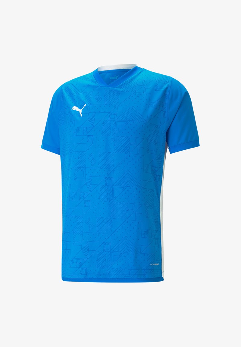 Blaues Sport-T-Shirt mit V-Ausschnitt, das dezente geometrische Muster, kurze Ärmel und weiße seitliche Akzente aufweist. Hergestellt aus leichtem Stoff.