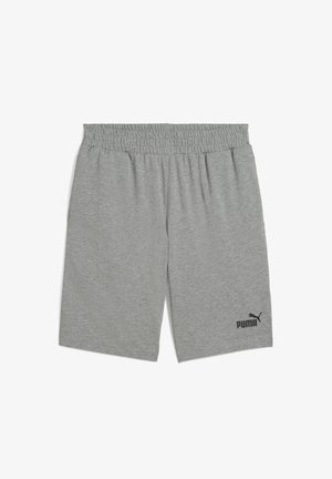 Grå atletiske shorts lavet af blød jersey-stof med elastisk talje og et sort Puma-logo nederst til venstre.