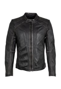 Giacca in pelle nera con colletto rialzato, chiusura con zip e dettagli trapuntati alle spalle. Presenta una texture liscia e un design aderente.