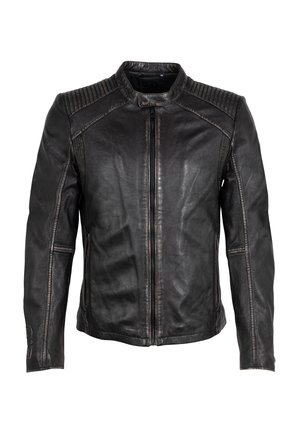 Schwarze Lederjacke mit Stehkragen, Reißverschluss und gesteppten Schulterdetails. Sie verfügt über eine glatte Textur und eine taillierte Passform.