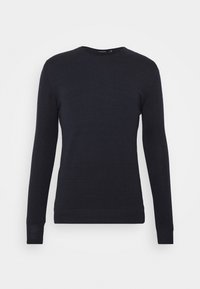 Granatowy, długi sweter z długim rękawem, okrągłym dekoltem, wykonany z gładkiej tkaniny, o dopasowanym kroju, z prążkowanymi mankietami i dołem.