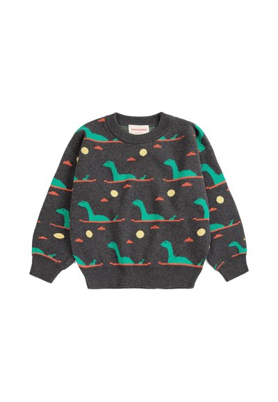 Pull gris foncé avec motif répétitif de dinosaure vert et soleil en orange et jaune, manches longues et poignets et ourlet en côtes.
