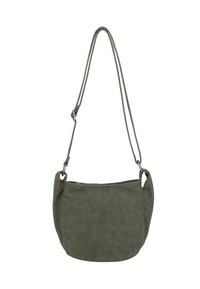 Borsa a tracolla verde in suede con una superficie morbida e testurizzata, forma curva, tracolla regolabile e dettagli in metallo argentato.