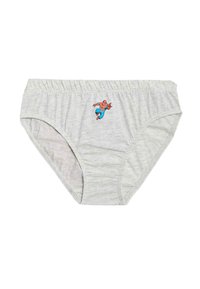 Grå bomuldsundertøj med en elastisk talje, prydet med et lille Spider-Man grafik i blå og orange på fronten.