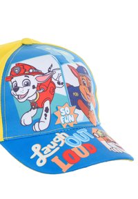 Gorra azul y amarilla con perros de dibujos animados. El diseño incluye gráficos juguetones y texto: "¡Tan divertido!" y "Ríete a carcajadas". La tela parece suave.