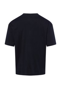 Marineblauwe katoenen t-shirt met korte mouwen, ronde hals en een eenvoudig ontwerp. De stof lijkt glad en lichtgewicht.
