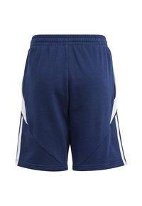 Navy athletic shorts with white side accents, elastic waistband, and flat-stitched seams. Soft fabric with a smooth texture.