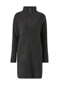 Donkergrijze sweater jurk in ribbeltextuur, met een hoge kraag en een kwartelrits met een ronde trekker. Lange mouwen en rechte snit.