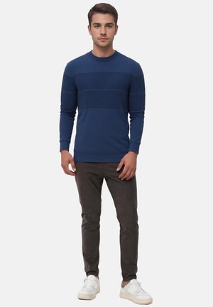 Junger Mann steht, trägt einen blauen strukturierten Pullover, dunkle Hose und weiße Turnschuhe vor einem schlichten hellen Hintergrund.