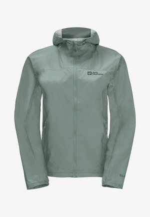 Light green waterproof jacket with a hood, front zipper, and logo on the left chest. Features a smooth, lightweight fabric. Adjustable cuffs.
