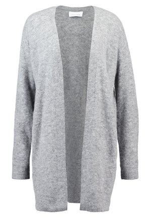 Hellgrauer Cardigan aus weichem Strickmaterial. Offenes Frontdesign mit langen Ärmeln und gerippten Bündchen. Keine Verschlüsse oder Verzierungen.