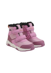Rosa högskurna sneakers med justerbara kardborreband, en fluffig svart krage och en vadderad sula för komfort och stöd.