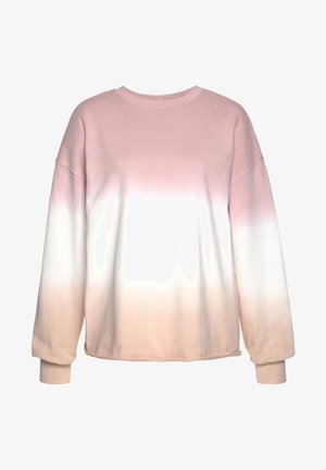Sweat-shirt à manches longues avec un dégradé s’estompant du rose clair en haut au blanc au milieu puis pêche en bas.
