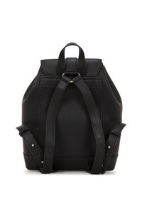 Black leather backpack featuring a rounded design, adjustable shoulder straps, and a textured surface with minimalistic accents.