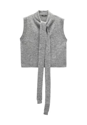 Szary bezrękawnik dzianinowy z długim wiązaniem przy szyi, prążkowanym dołem i gładką fakturą. Posiada subtelny heatherowy wzór.