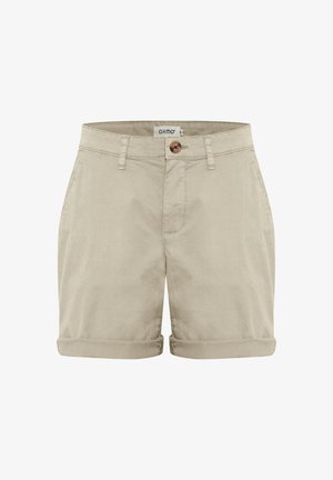 Beige cotton shorts with a rolled hem, featuring a front button closure and stitched pockets. Smooth texture with minimal detailing.