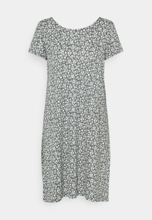 Robe à manches courtes, longueur au genou, fond gris avec petit motif floral blanc, encolure ronde et coupe décontractée.